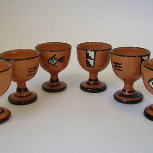 Egg Cups Peru Set of 6 Vintage Clay Pottery Brown Fish Llama Aztec Collectible